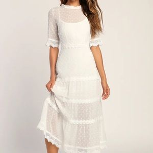 Lulus Dreaming of You White Swiss Dot Midi Dress